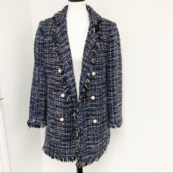 New Zara Tweed Coat Pearl Buttons Frayed CoCo Chanel Style - Picture 2 of 14